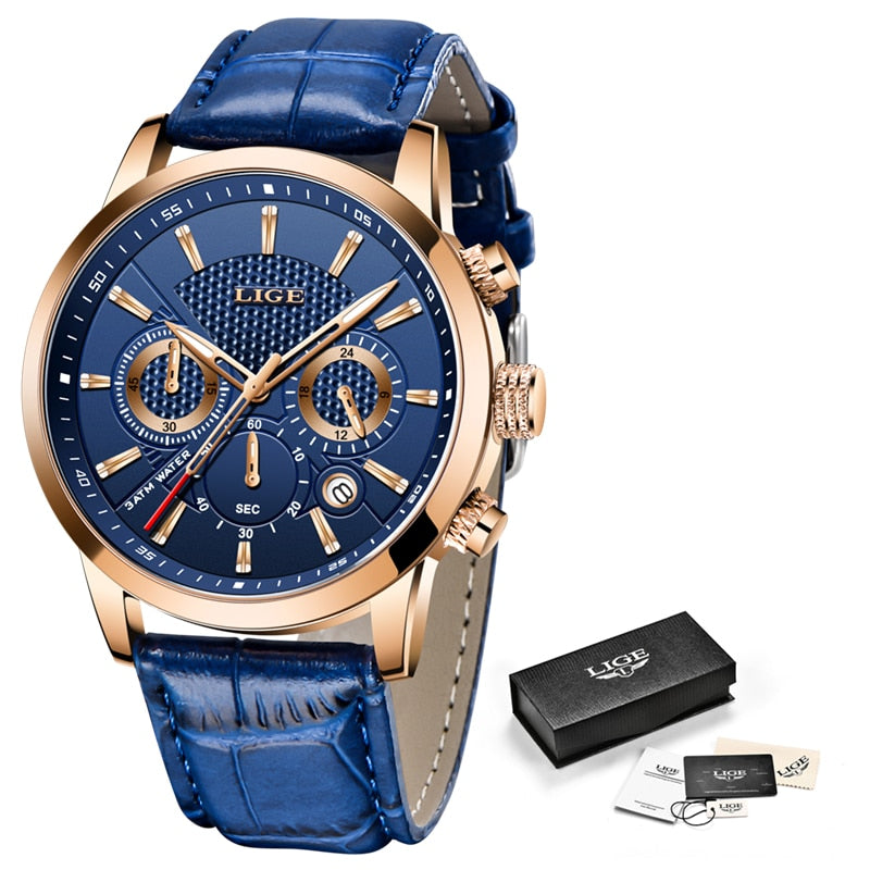 Relógio Lige Masculino Original 2020 Conexão Shop Dourado com Azul e Pulseira Azul 