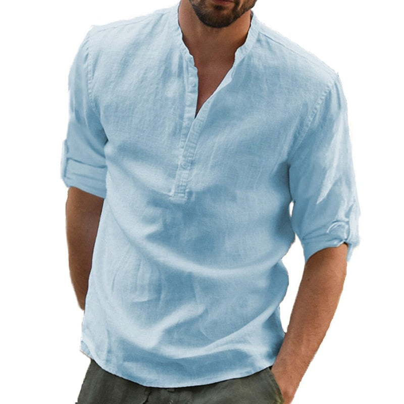 Camisa de Linho Masculina - Blusa Casual Manga Comprida Conexão Shop Camisa de Linho Azul P (50 - 60 kg) 
