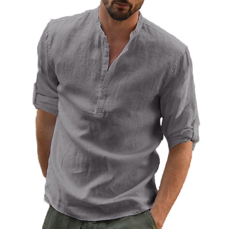 Camisa de Linho Masculina - Blusa Casual Manga Comprida Conexão Shop Camisa de Linho Cinza P (50 - 60 kg) 