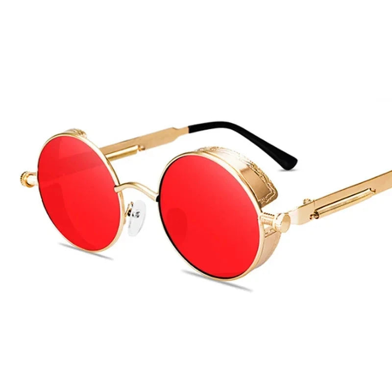 Óculos de Sol Steampunk Redondos - Estilo Retro Unissex Conexão Shop Dourado e Vermelho 