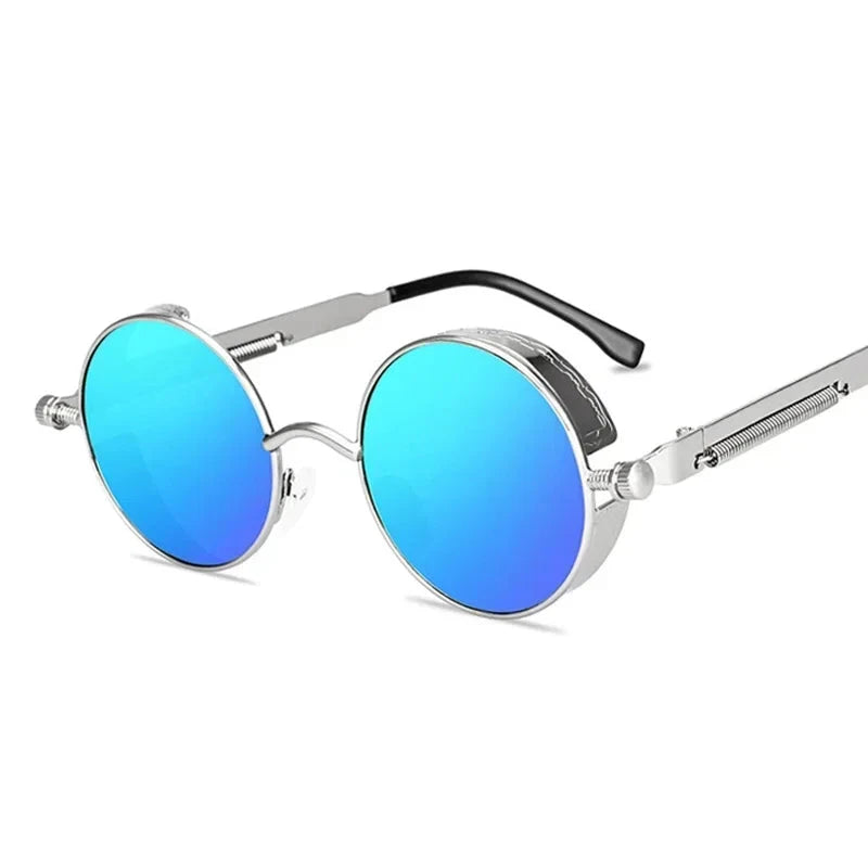 Óculos de Sol Steampunk Redondos - Estilo Retro Unissex Conexão Shop Prata e Azul 