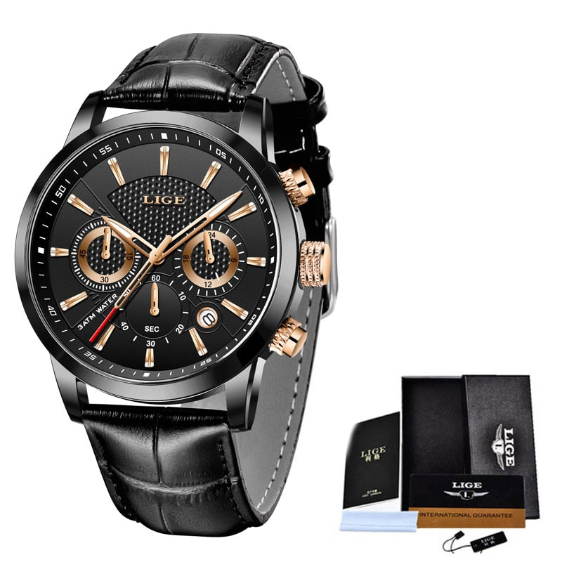 Relógio Lige Masculino Original 2020 Conexão Shop Preto com Dourado e Pulseira Preta 