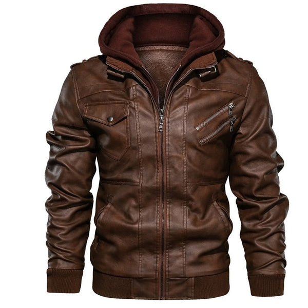 Jaqueta de Couro com Capuz Masculina Casual Motoqueiro Conexão Shop 