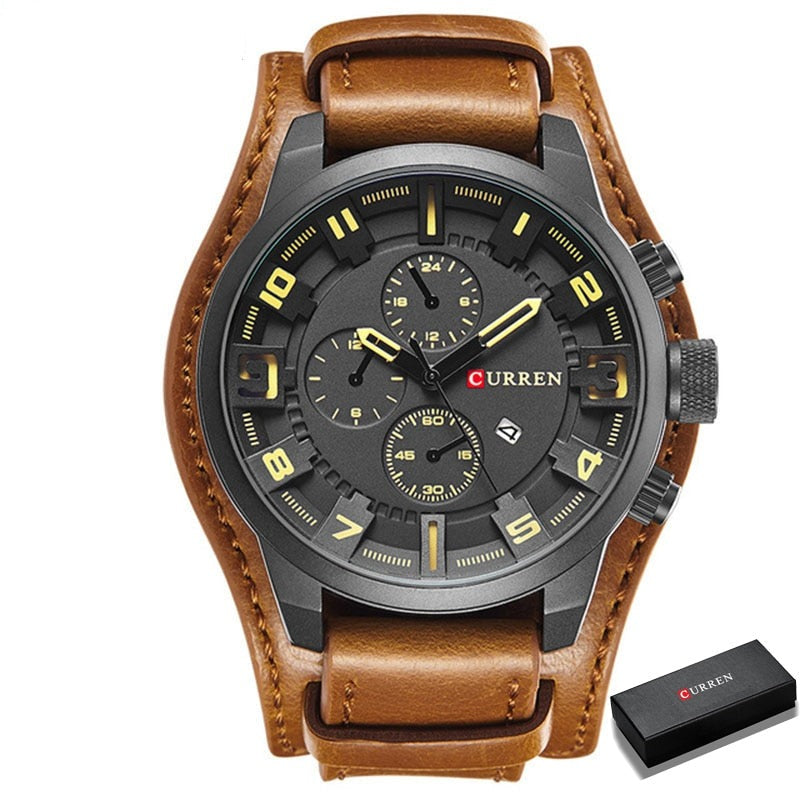 Relógio Curren Masculino Original Com Pulseira de Couro Conexão Shop Preto e Amarelo 