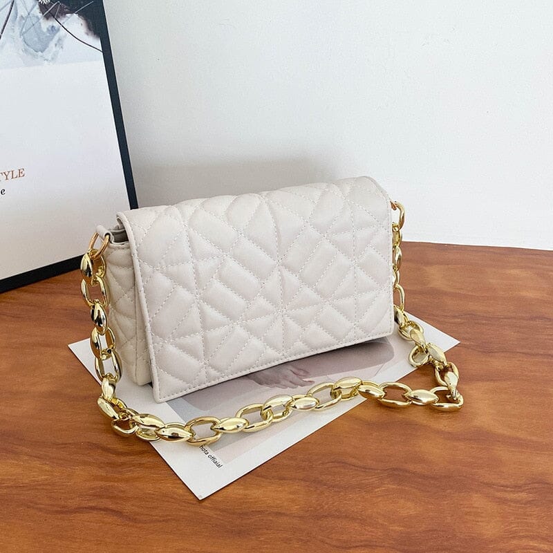 Bolsa de Ombro Feminina - Alça Corrente Grossa Carteira Conexão Shop Bolsa de Ombro Bege 23x14x6cm 