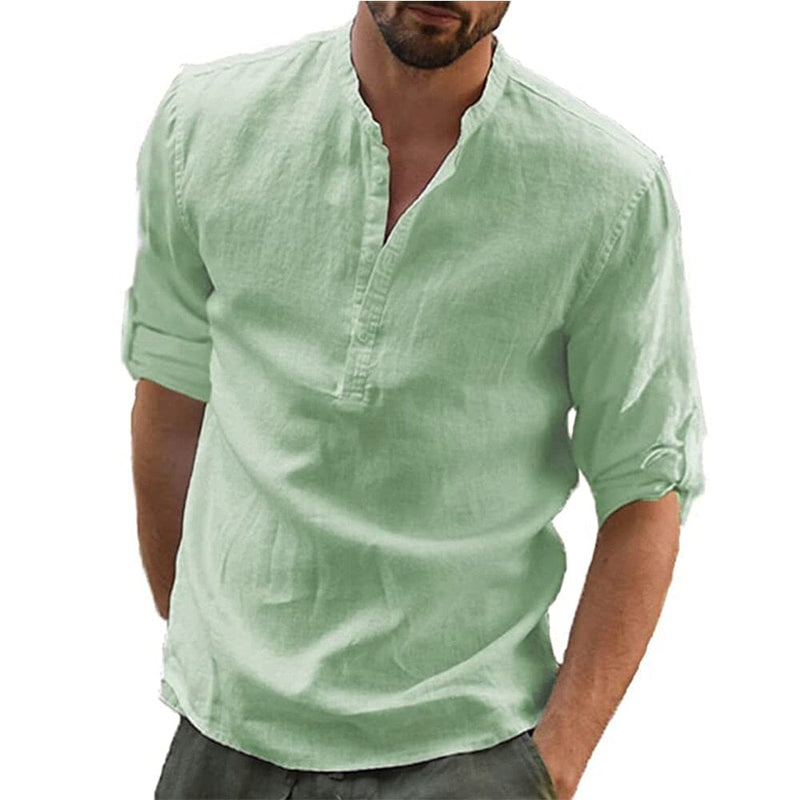 Camisa de Linho Masculina - Blusa Casual Manga Comprida Conexão Shop Camisa de Linho Verde P (50 - 60 kg) 
