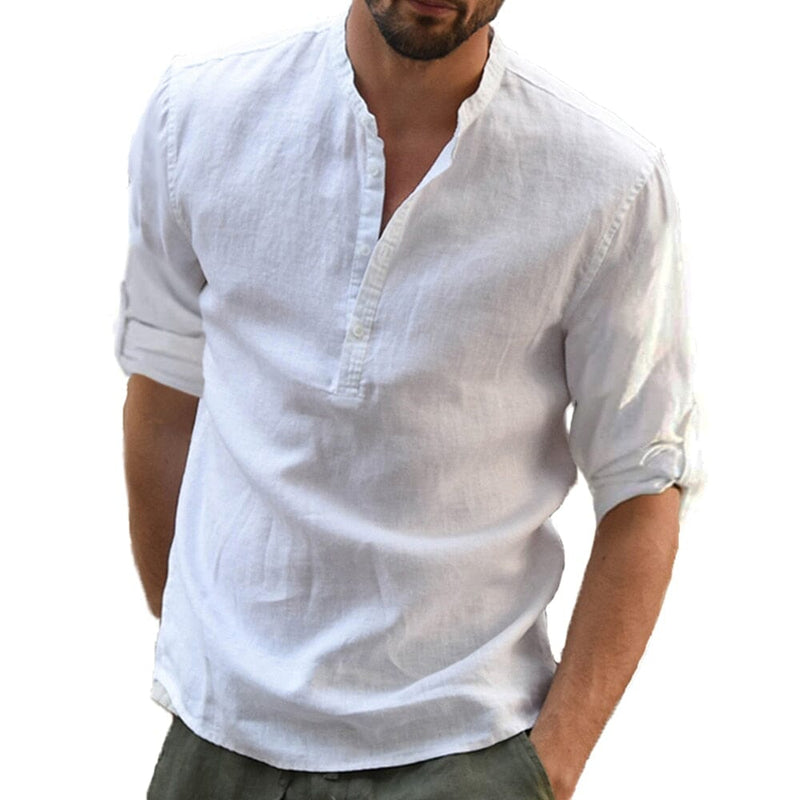 Camisa de Linho Masculina - Blusa Casual Manga Comprida Conexão Shop Camisa de Linho Branco P (50 - 60 kg) 