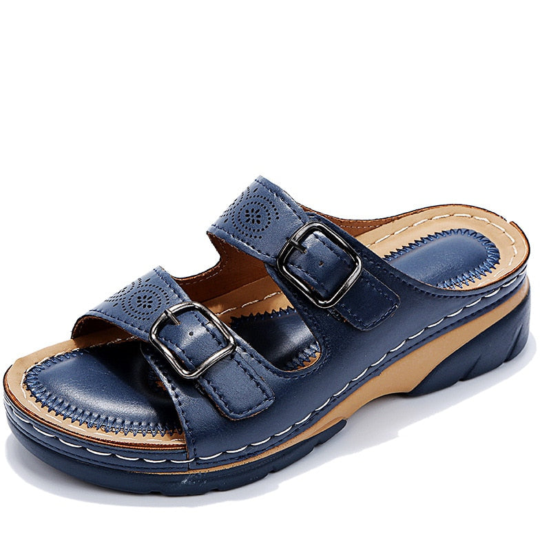 Sandália Plataforma De Couro Casual Verão Com Fivela Conexão Shop Sandália Plataforma Azul 34 